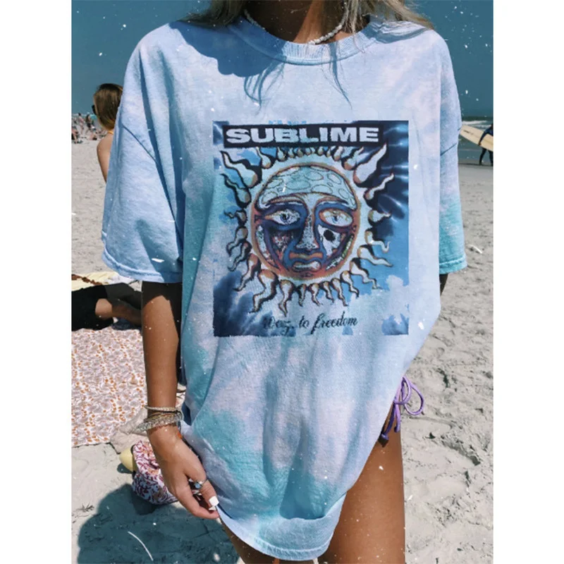 

Женская футболка с абстрактным принтом, голубая свободная футболка с коротким рукавом и принтом тай-дай, лето размера плюс, 2021