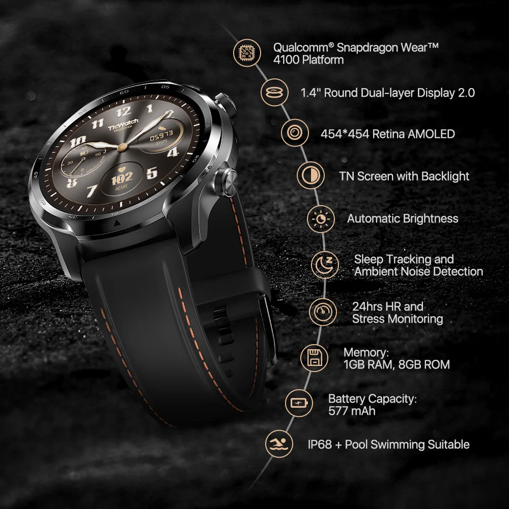 TicWatch Pro 3 GPS Wear OS Smartwatch Men's Sports/Smart Watch Dual-layer Display Snapdragon Wear 4100 8GB 3 to 45 Days Battery