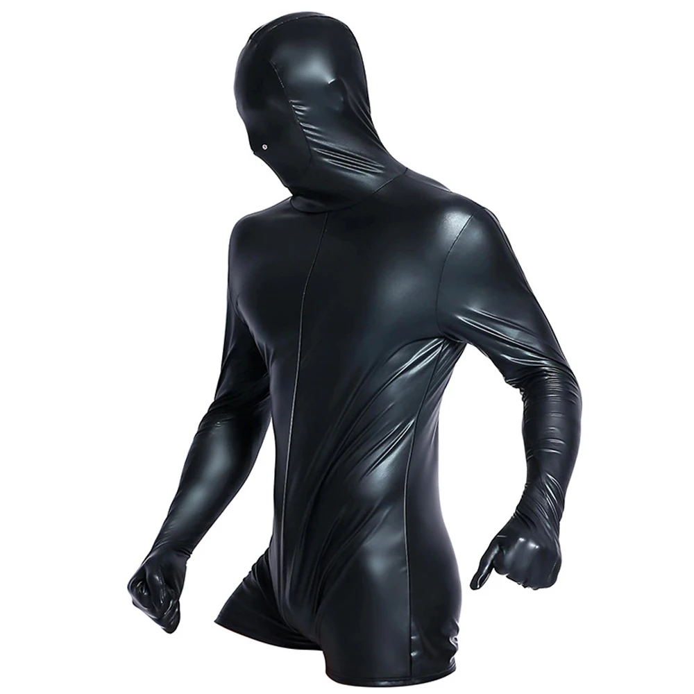 

Men PVC Leather Catsuit Sexy Lingerie Faux Leather Night Club Bodysuit Gay Fetish Hooded Jumpsuit Zipper Erotic Wear Costumes