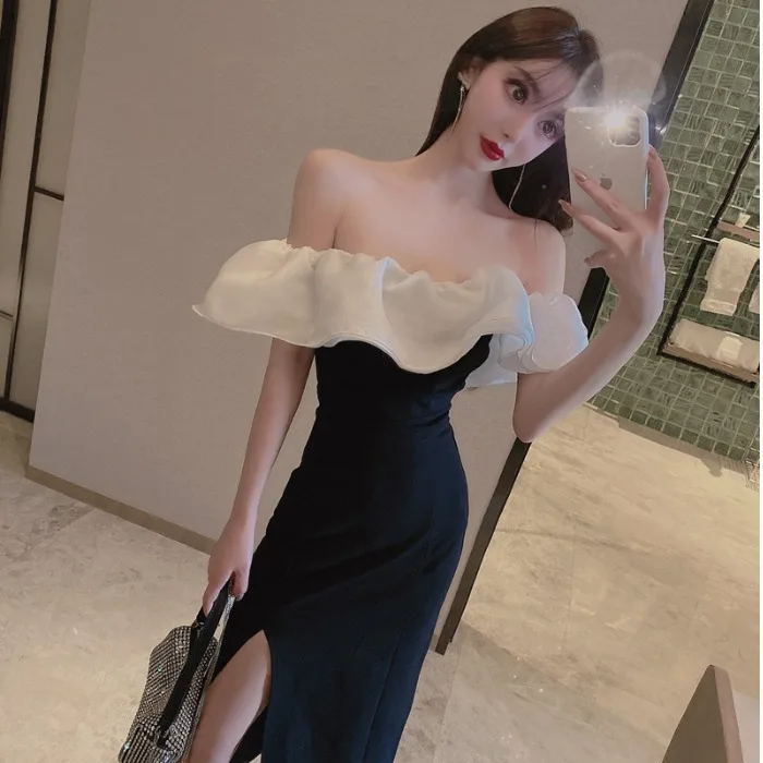 

Женское платье на одно плечо, тонкое платье средней длины с пикантной талией, в Корейском стиле, лето 2021