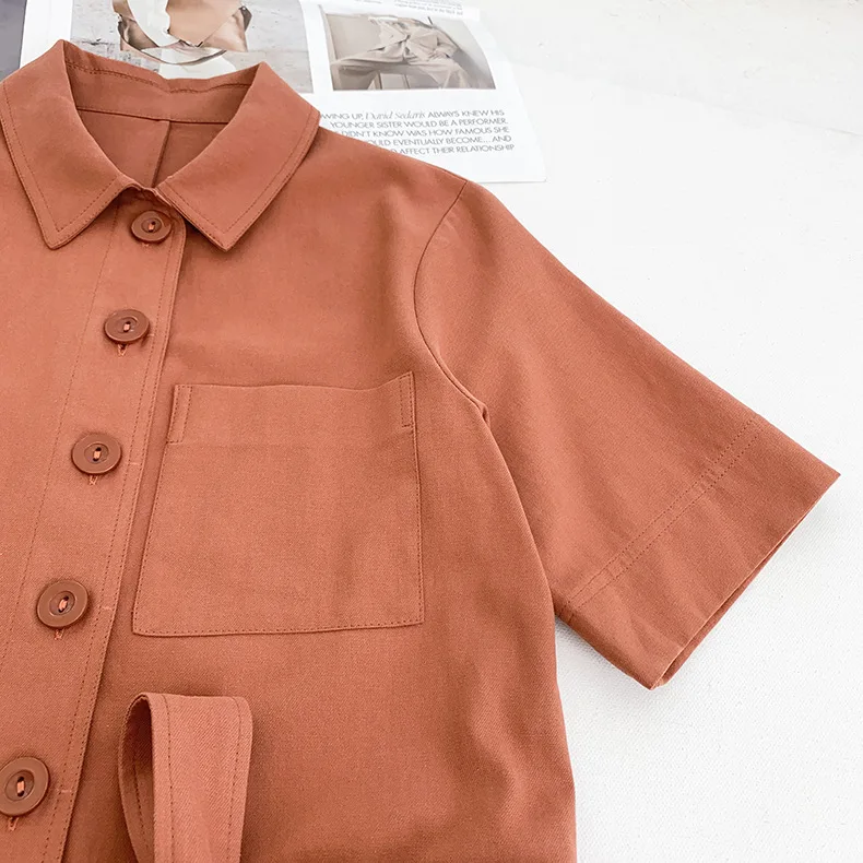 

Women Turn-Down Collar Short Sleeve Playsuit High Waist Ladies Single-Breasted Large Pockets Rompers with Sashes