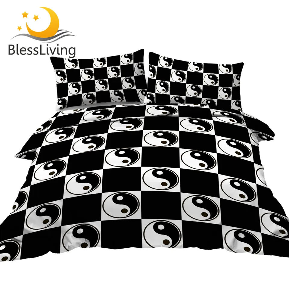 

BlessLiving Tai Chi Bedding Set Chess Board Duvet Cover Black White Squares Quilt Cover Yin Yang Symbol Bed Set parrure de lit