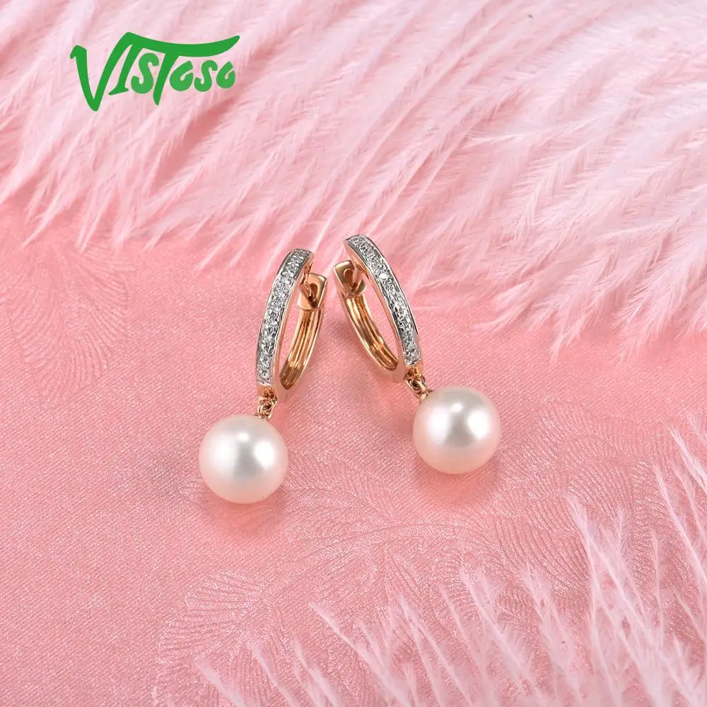 VISTOSO Pure 14K 585 розовое золото сверкающие бриллианты элегантные пресноводные жемчужные серьги для женщин уникальные модные свадебные ювелирные изделия