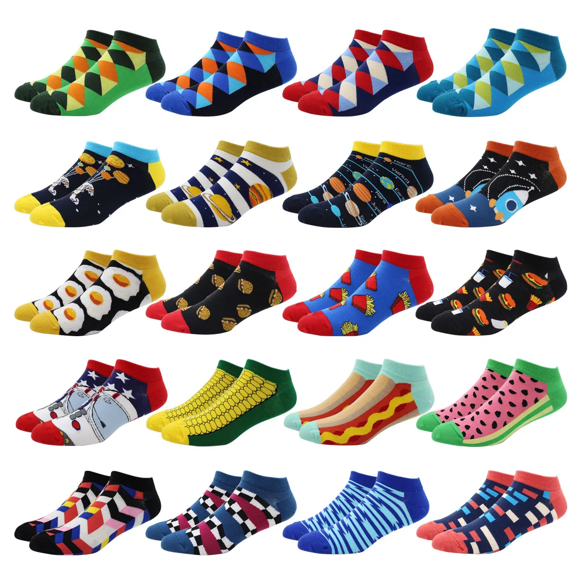 

5 Pairs Novelty Funny Casual Ankle Socks Fashion Colorful Harajuku Grid Space Cotton Men Socks Happy Men Socks Size EU39-46