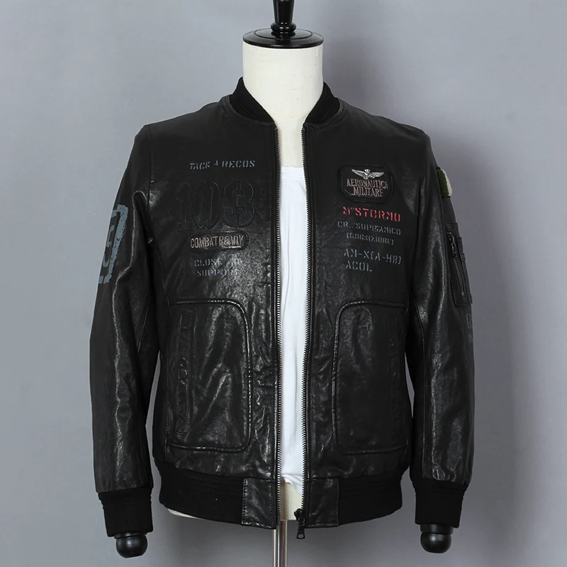 Мужская приталенная куртка-бомбер из натуральной овчины Черная бейсбольная