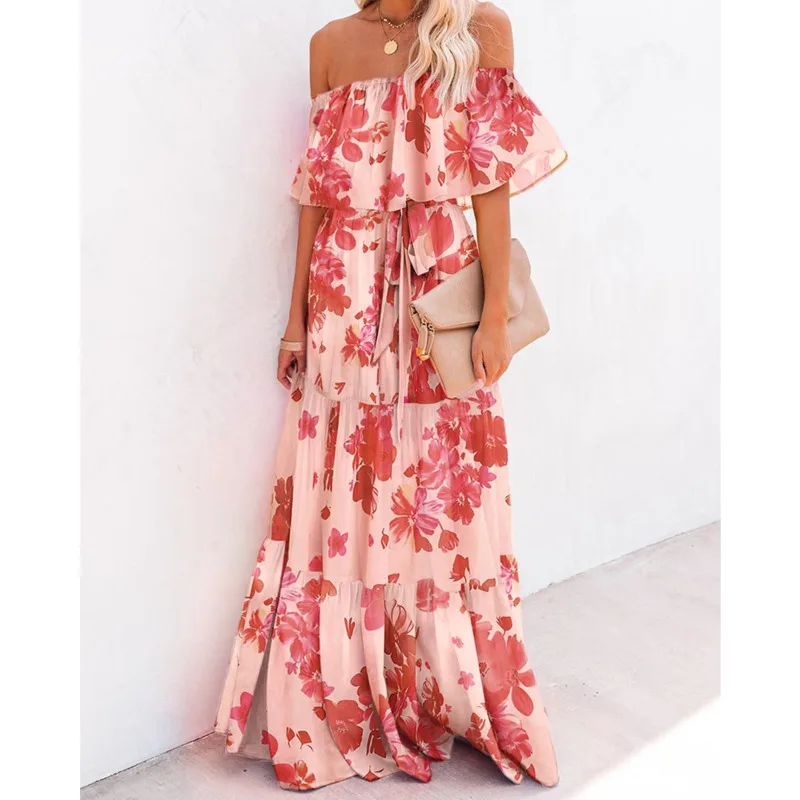 

2021 Summer Print Maxi Dress For Women Ruffles Sleeve Beach Off Shoulder Long Sundress Designer Clothe Sexy Corset Party Dresses