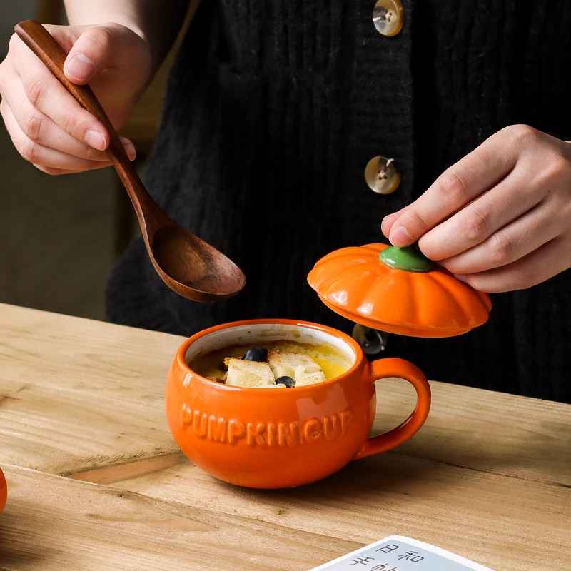 

house lovely pumpkin personality ceramic mug cup children with cover household oatmeal for breakfast a cup of milk