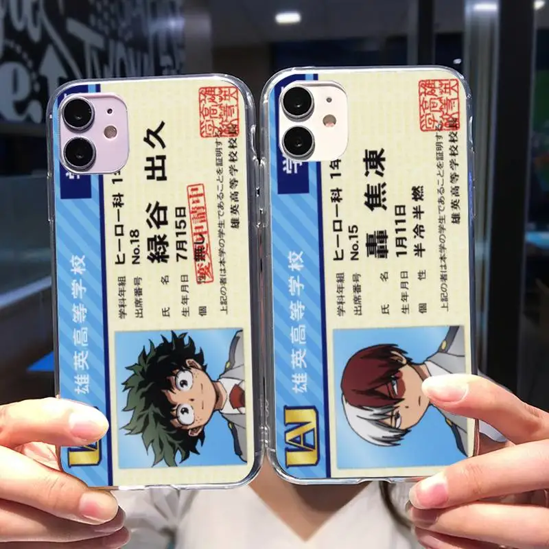 

My Hero Academia Student Card Phone Case For Iphone 11 12 13 Pro Max 5 6s 7 8 Plus X Xr Xs Max Se 22 Mini Transparent Case Cover