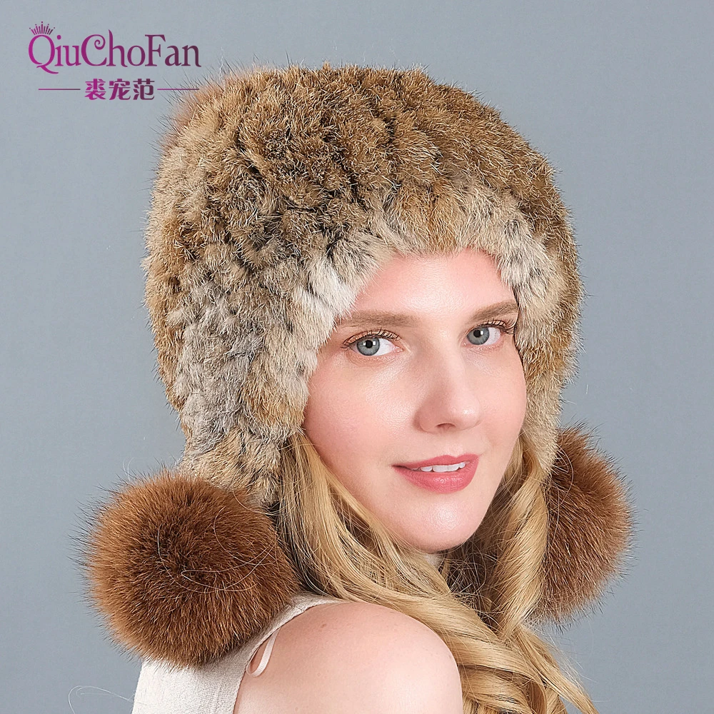 

Модная женская шапка из натурального кроличьего меха, зимние теплые вязаные шапки из кроличьего меха, женская шапка с помпоном из лисьего м...