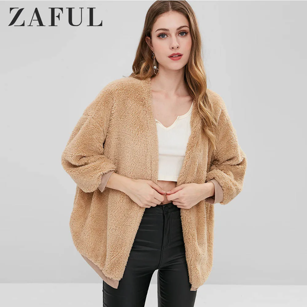 ZAFUL с открытыми плечами спереди пушистое пальто пушистый искусственный мех без