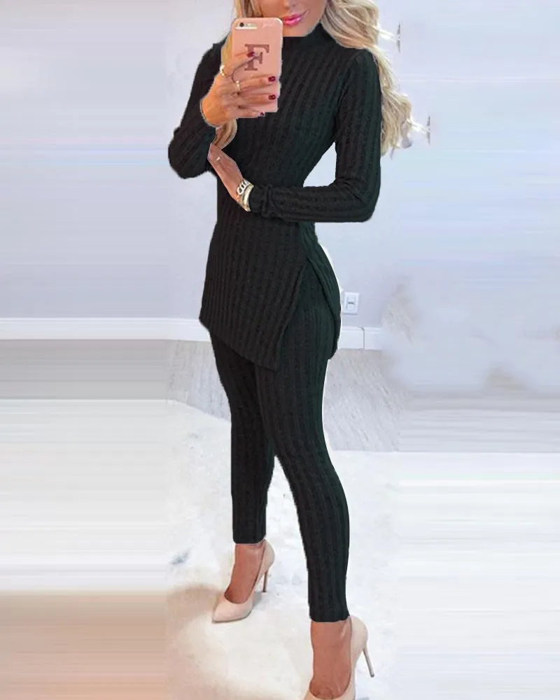 

Модные женские трикотажные костюмы, элегантный топ с длинным рукавом и разрезом и облегающие брюки, женские комплекты, повседневные одното...