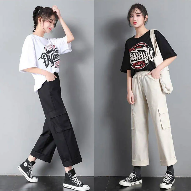 

Однотонные женские брюки-карго с высокой талией, свободные шаровары, женские свободные брюки, повседневные брюки в стиле хип-хоп, Модные осе...