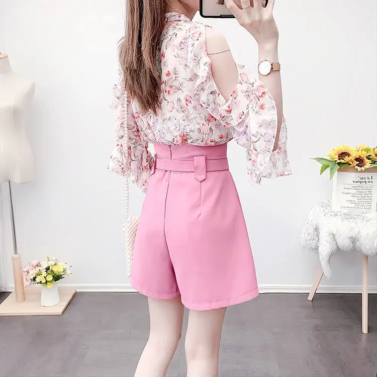 

Women 2021 Summer New Fashion Two-piece Suits Female Printed Chiffon Thin Shirts Ladies High Waist Wide Legs Shorts Sets Y197