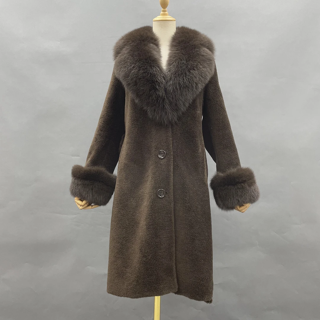 

MISSJANEFUR 2022 натуральное меховое пальто женское коричневое 100% шерстяное овчинное теплое Элегантное длинное пальто с поясом и манжетами из лис...