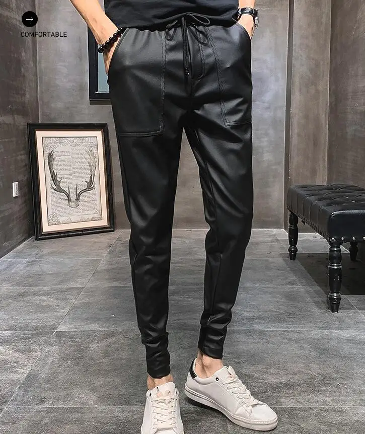 

Мужские кожаные брюки, черные мотоциклетные брюки из ПУ кожи