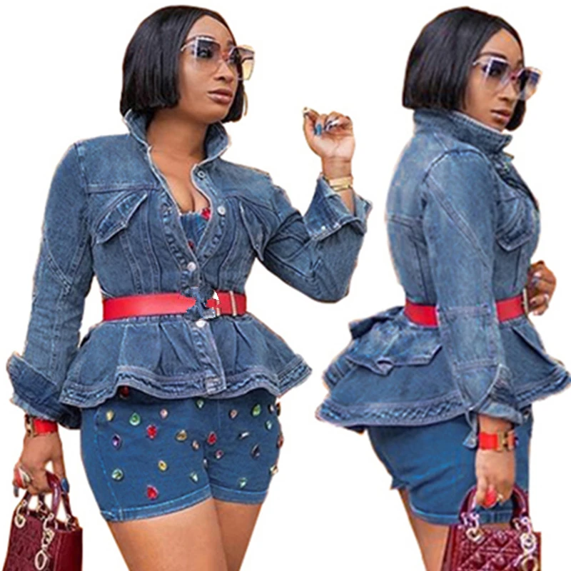 Женская Повседневная синяя джинсовая куртка с баской и длинным рукавом |