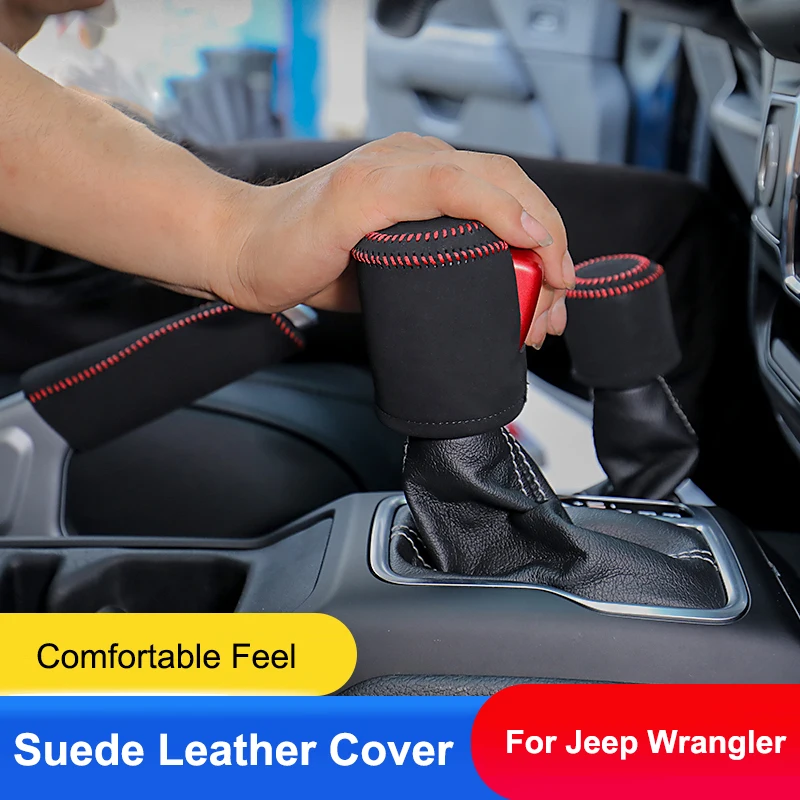 

QHCP Car Suede Leather Handbrake Cover Shift Knob Gear Head Cover Handball Lever Armrest Protect Case For Jeep Wrangler JL 18-22