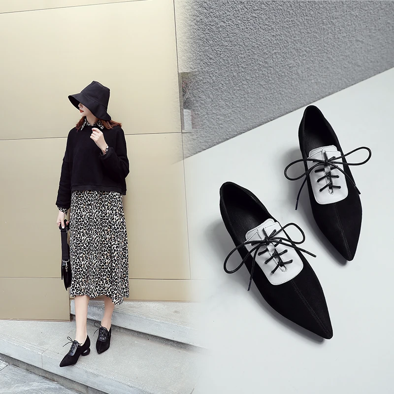women Pumps Genuine Leather 22-25cm Sheep suede stitching Korean Pointed toe shoes Fashion simple color matching | Обувь