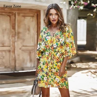 2020 fashion floral print womens dress summer half sleeve button chiffon sweet mini dresses elegant vintage boho beach sundress