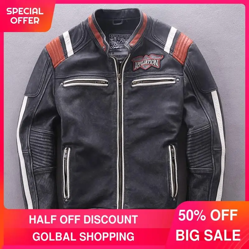 

2021 Vintage Black Motorcycle Style Indiana Embroidery Genuine Leather Jacket Men Large Size 5XL Real Cowhide Winter Biker Coat