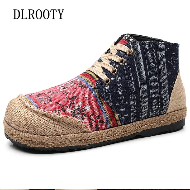 

Women Canvas Shoes National Style Flat Hemp Embroider Ankle Round Toe Lace Up Casual Female Fashion Flower Summer Breathable