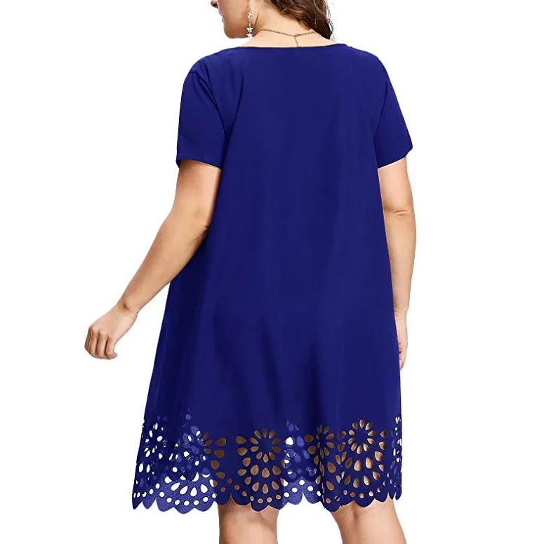 Женское свободное однотонное платье с коротким рукавом и круглым