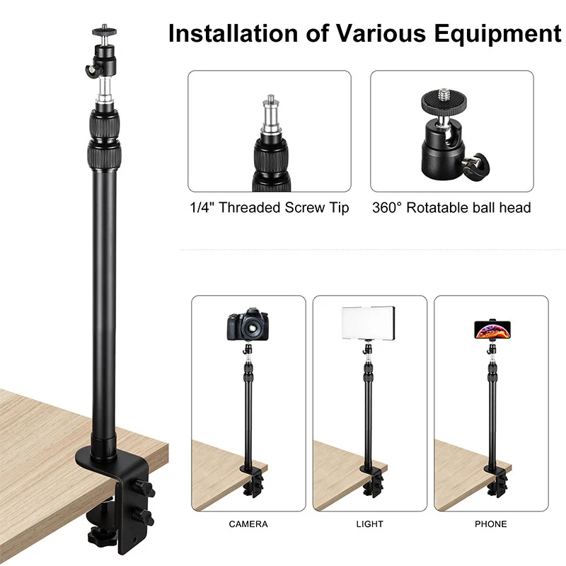 

Desk Mount Stand with 1/4 Screw C-clamp Mount Light Stand with 360° Rotatable Ballhead for Ring Light DSLR Camera Mobile Phone