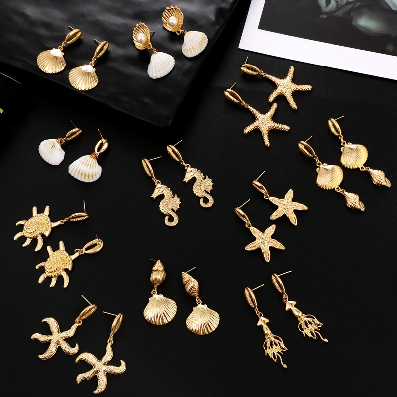 Женские серьги подвески в виде морских ракушек золотого цвета|Серьги-подвески| |