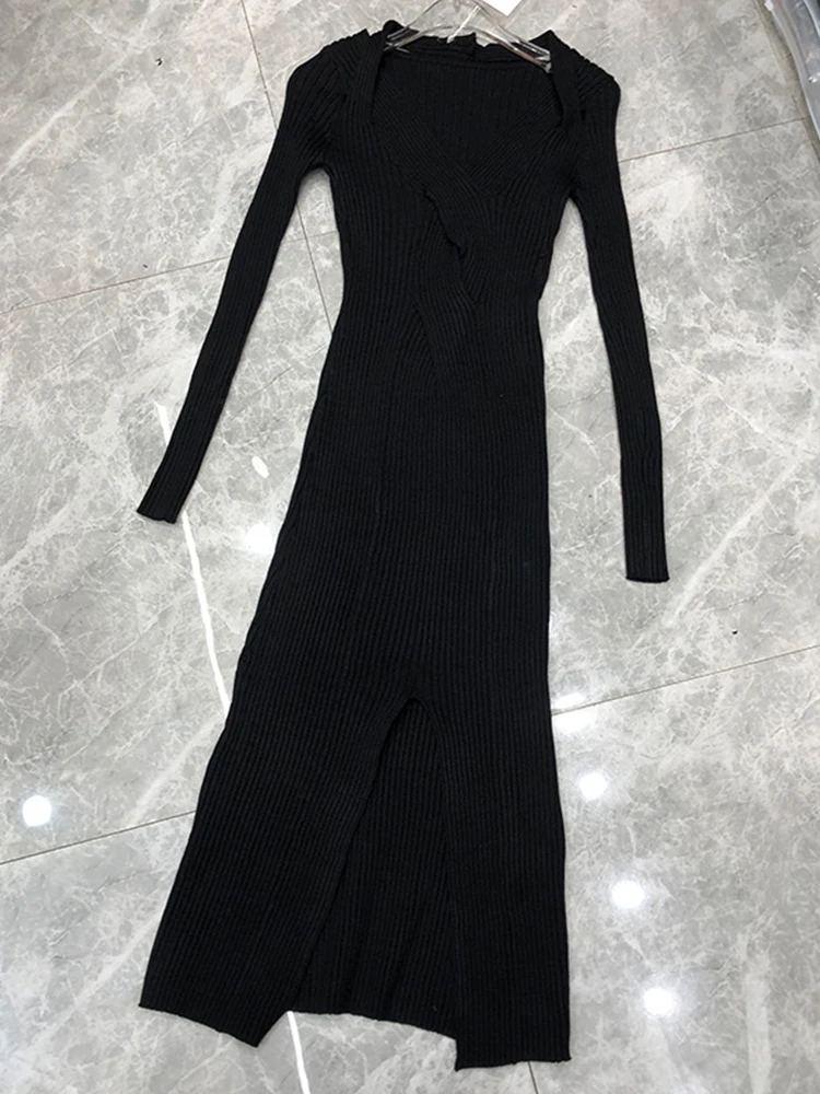 

Sexy Square Collar Hollow Leaky Shoulder Twisted Waist Tight-fitting Hip Pack Elastic Knit Dress Ladies Autumn New Fashion