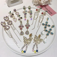 mengjiqiao wholesale korean luxury bling crystal heart long rhinestone tassel drop earings for women elegant pendientes jewelry