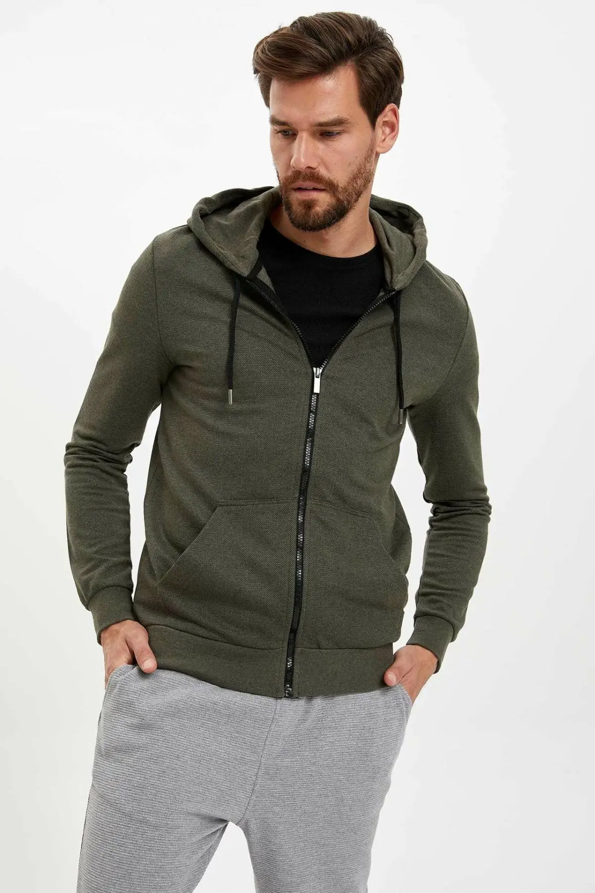 DeFacto Мужская модная черная хлопковая куртка с капюшоном на молнии мужская