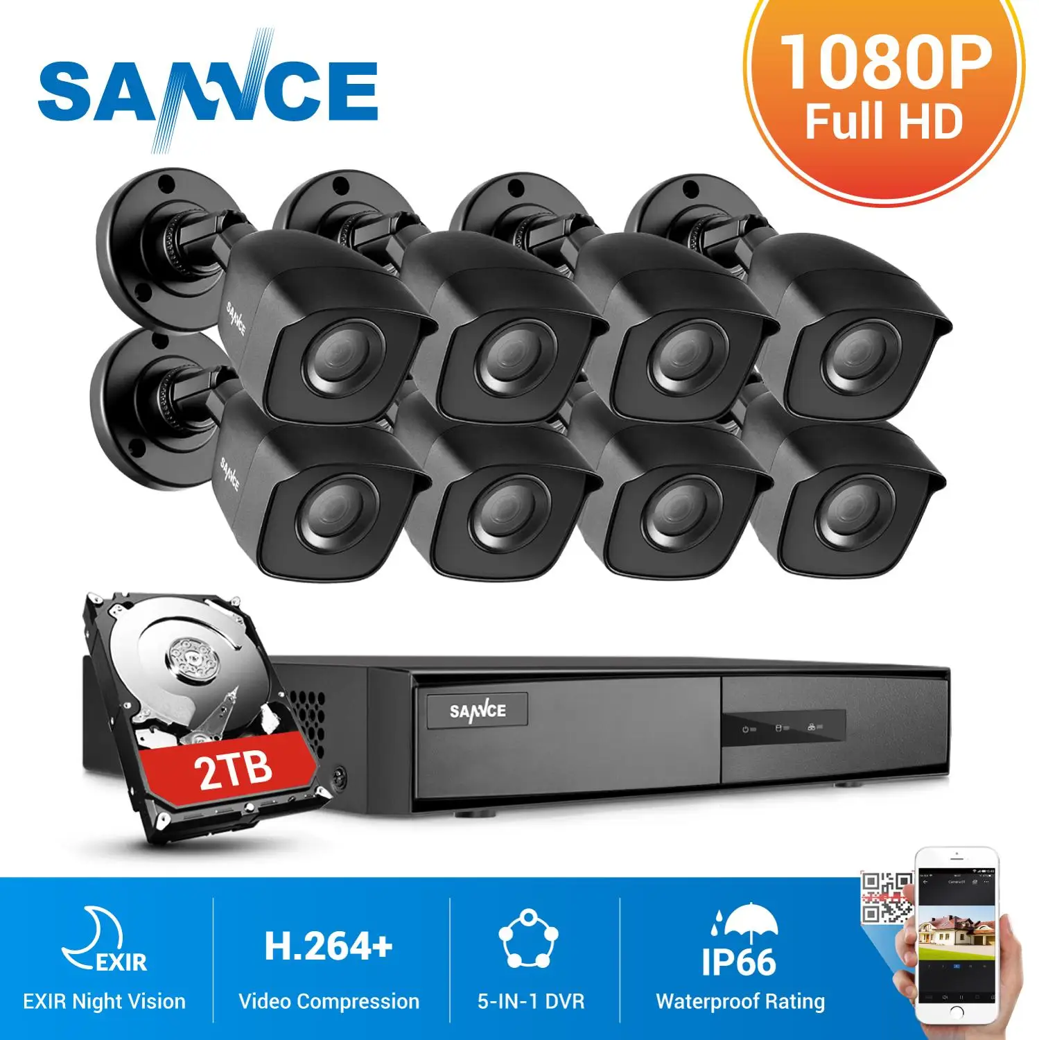SANNCE 8CH 1080N DVR CCTV система 4/8 шт 1080P 2.0MP камеры безопасности ИК Открытый IP66 комплект