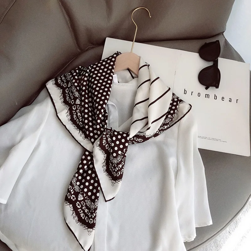 

90*90cm New Elegant Sunscreen Black and White Wave Dot Big Square Scarf Wild Lace Silk Scarf Women Wholesale Scarf Shawl