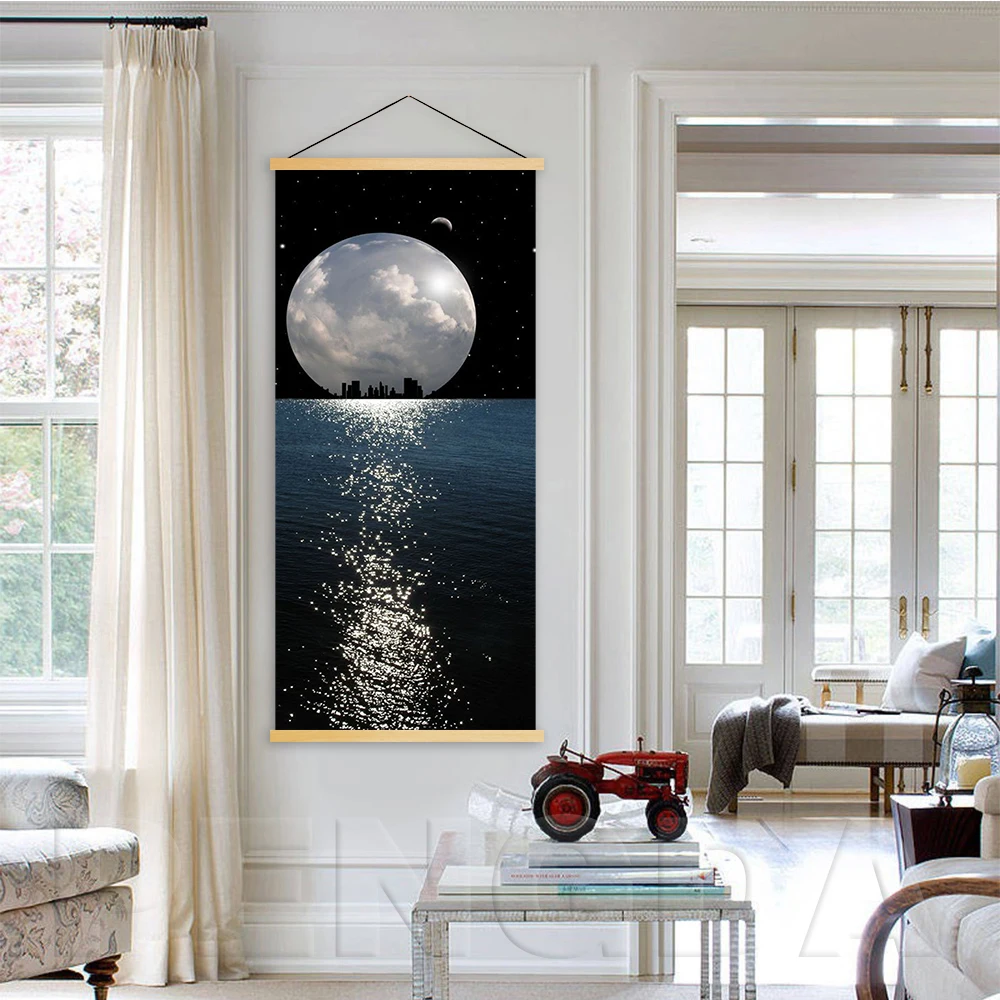 Home Decor Canvas Wall Artwork Hanging Painting Moon and Star Nightscape Modern Poster Printed Scroll For Living Room | Дом и сад