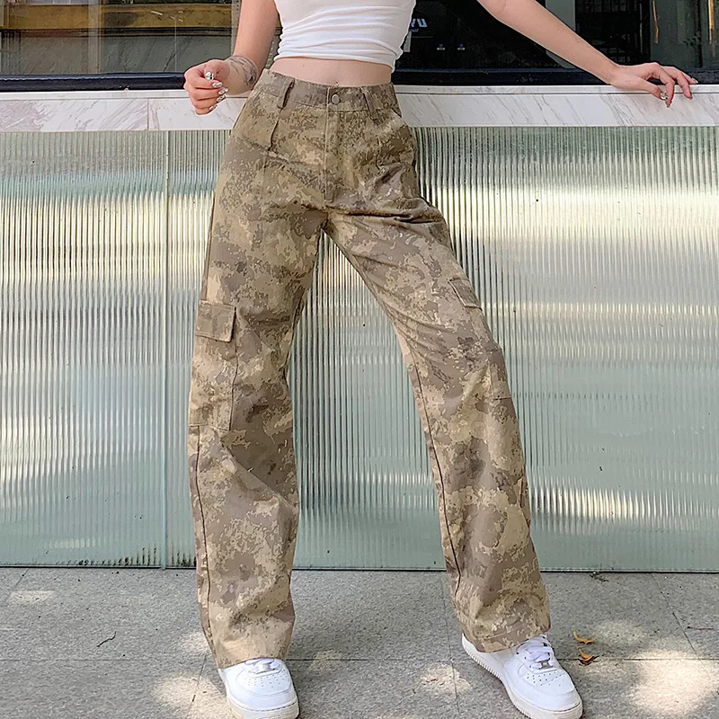 

2020 Women Fashion Straight Pockets Camouflage Cargo Pants Streetwear Trousers High Waist Camo Pants Pantalon Femme Bottom