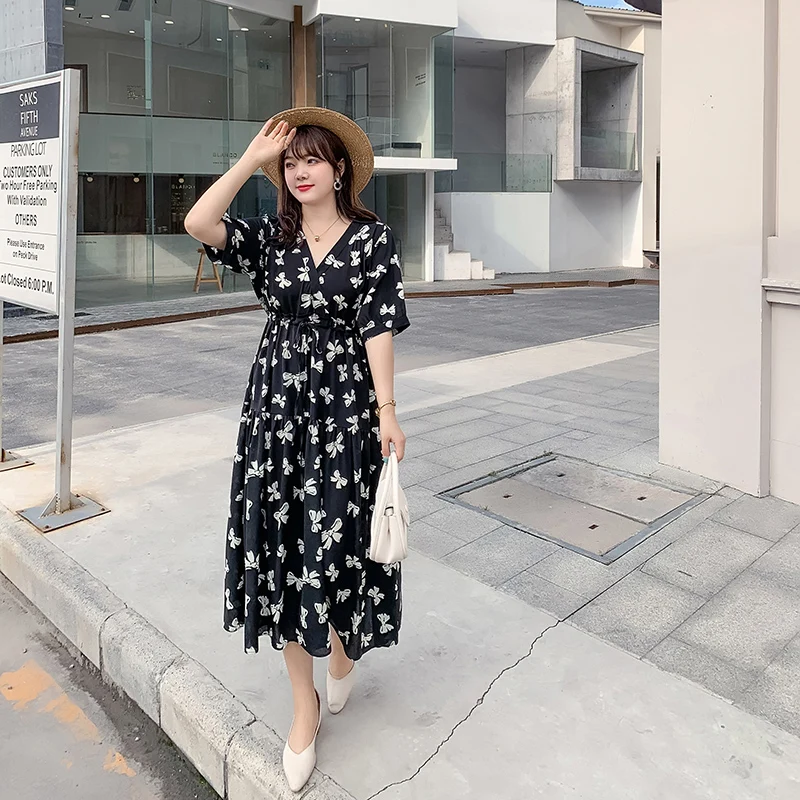 

Женское шифоновое платье с бантом, элегантное Свободное длинное платье большого размера с V-образным вырезом и коротким рукавом, лето