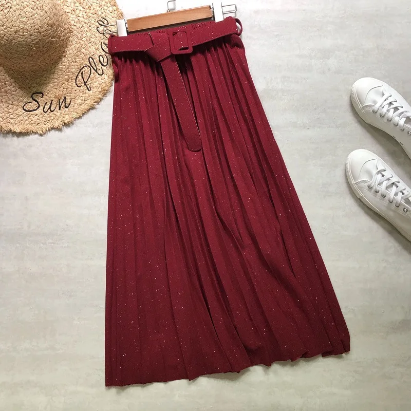 Юбка женская плиссированная с поясом блестящая трапециевидная юбка миди в