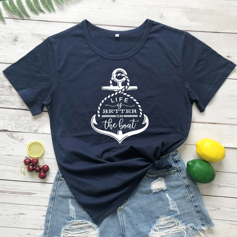 Life Is Better On The Boat T-shirt Funny Summer Vacation Travel Gift Tshirt Trendy Women Short Sleeve Graphic Beach Tops Tees