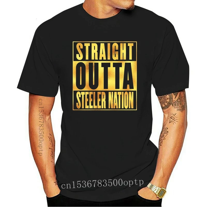 New SPGBTees Gold Foil MenStraight Outta Steeler Nation T-shirt Black Color XS-Size