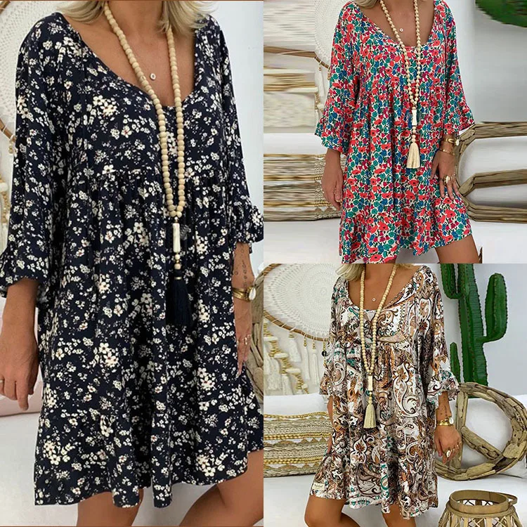 

2021 Summer Floral Dreeses Casual Sleeve V-neck Dress Ladies Clothing Women's Spring Long Dresses Exotic Sundress Y2k Kawaii