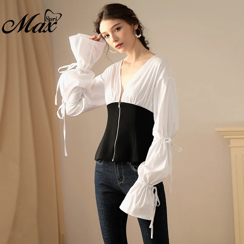 

Max Spri 2019 New Women Solid Long Puff Sleeve Lace Up V Neck Zipper Shirt With Lace Up Bow White Sexy Casual Lady Top INS