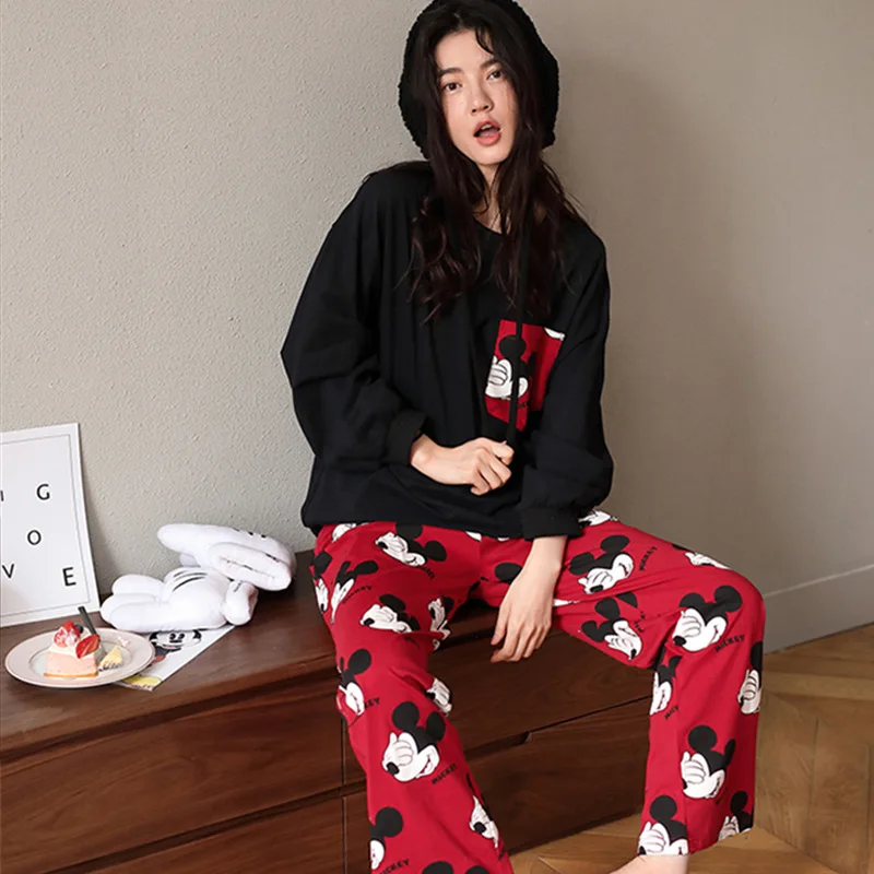 Disney Plus Size Pajamas Set for Womens Autumn Long Sleeve Sleepwear Women Set Pajamas Suit Female Two Piece Set Loungewear Fall