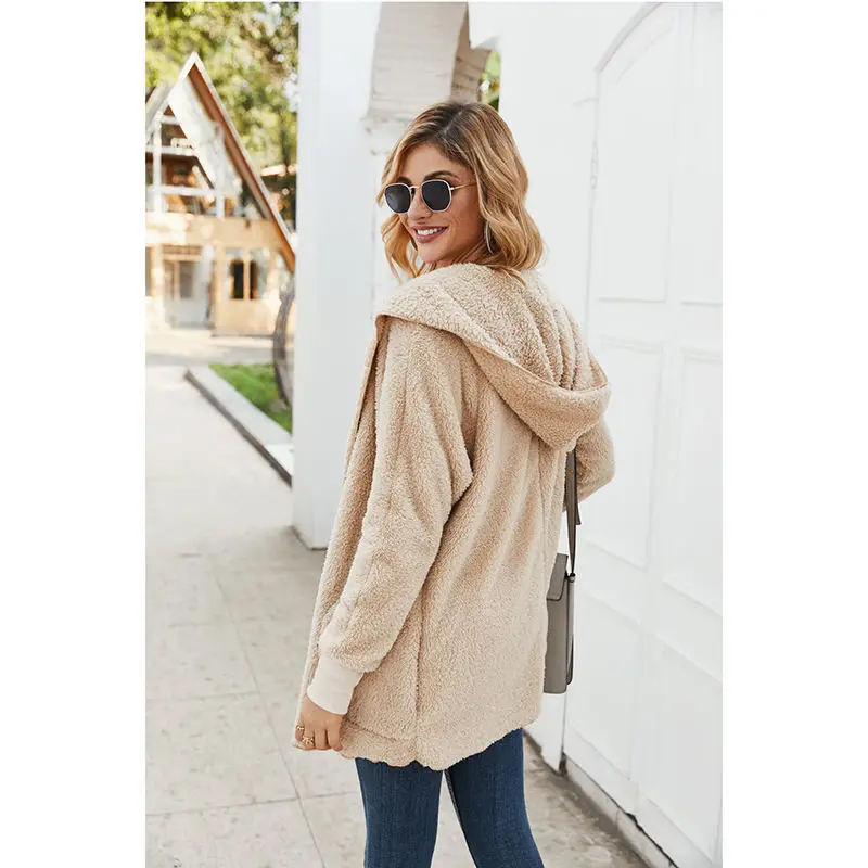 

ins 2021 Woolen Coat Women Warm Outwear Plush No buttons khaki jacket Winter Coat Loose Cardigan Trench Solid female jacket