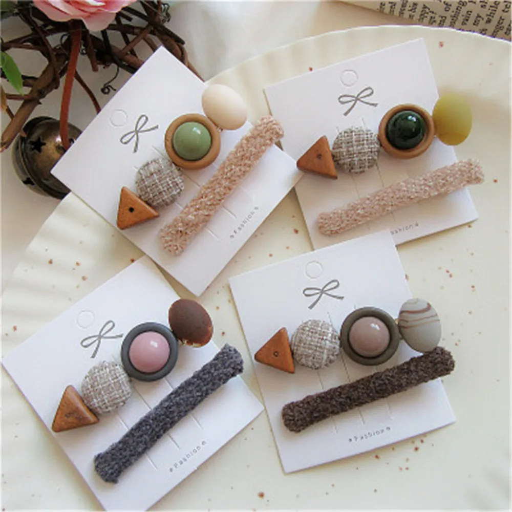 

2pcs Combination Geometric Hairpin Women Side Clip Hair Accessories Natural Wood Hair Clips