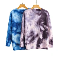 nlzgmsj za women 2022 autumn winter woman pull tie dye print cable knit jumper crew neck casual loose sweaters pullovers 202111