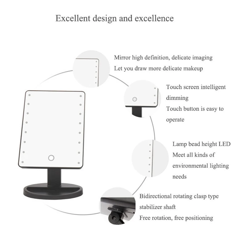 Зеркало для макияжа с подсветкой 20/16 светодиодов сенсорный экран портативная