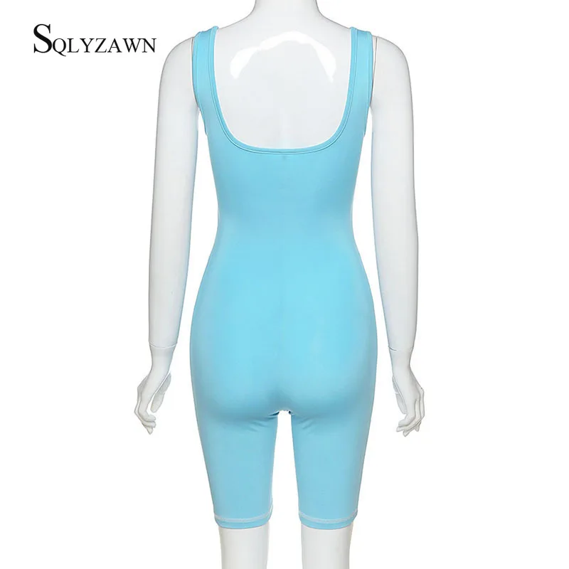 

Women Summer Knee Length Jumpsuit Light Blue Bike Pants Jumpsuit Female Hollow Out Low Cut Skinnny Rompers Sexy Workout Playsuit