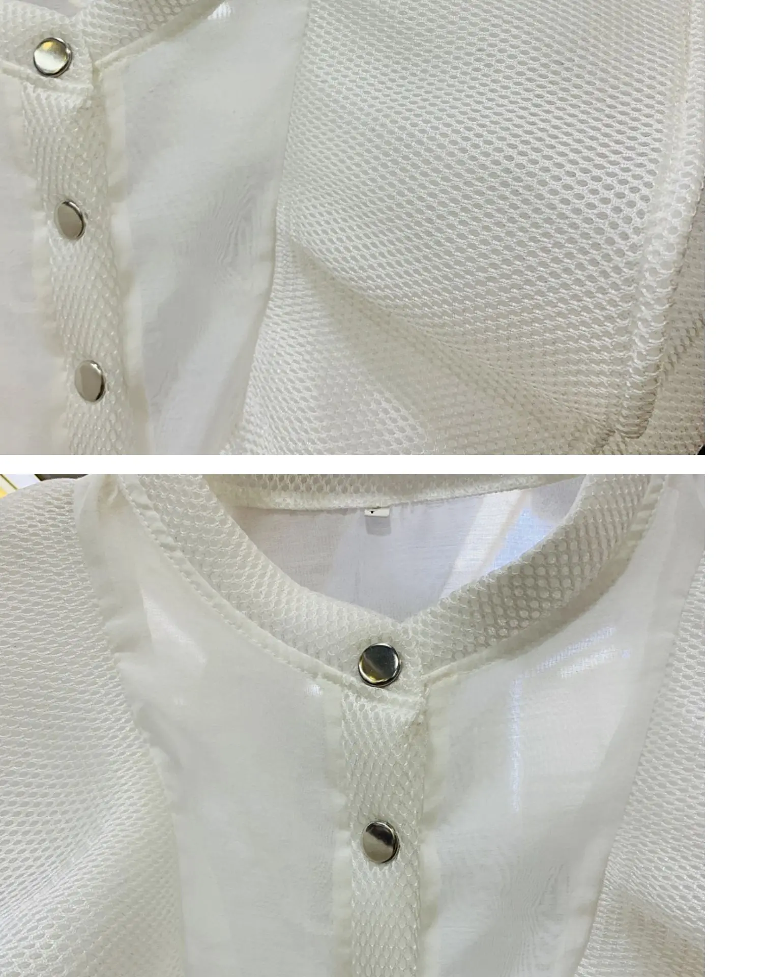 

2021 Summer European Style New Round Collar Design Top Mesh Plaid Ruffled Single Row Short Ladies Shirt Simple Solid Blusas