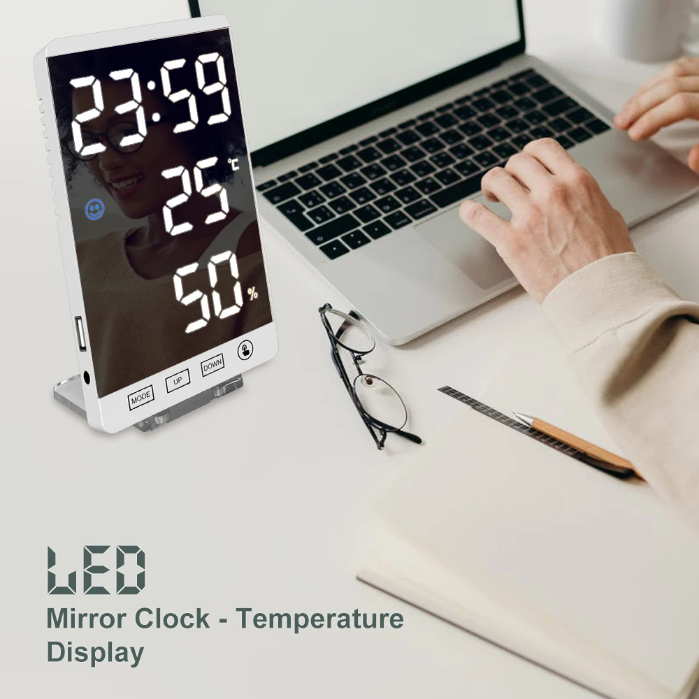 

6 Inch LED Mirror Alarm Clock Touch Button Wall Digital Clock Time Temperature Humidity Display USB Output Port Table Clock