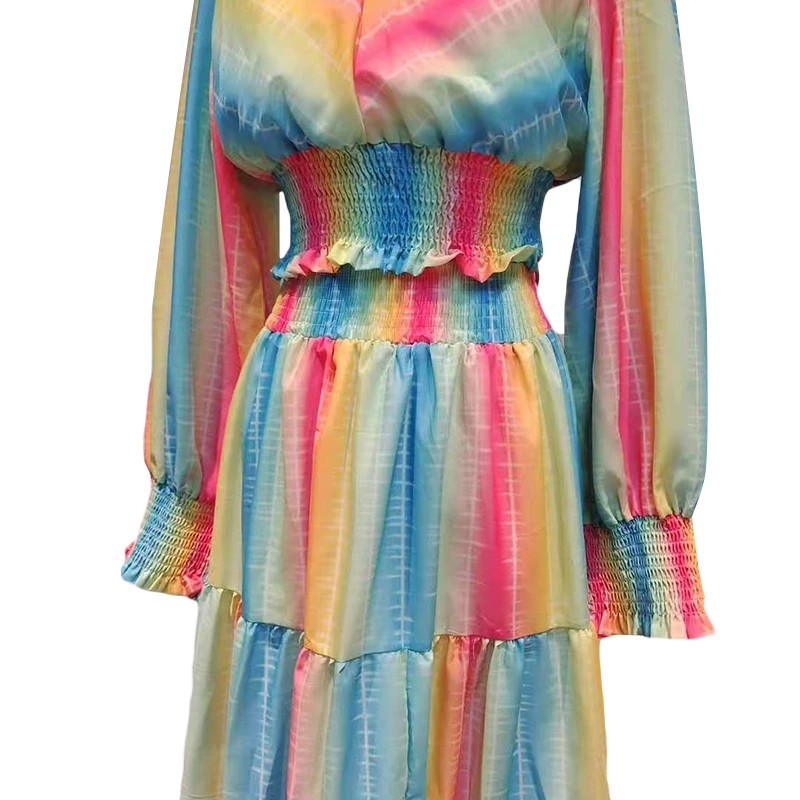 

SISPELL Hit Color Two Piece Sets For Female V Neck Lantern Long Sleeve Bottom Hem Elastic Cropped Top Ruched Skirt Women's Set